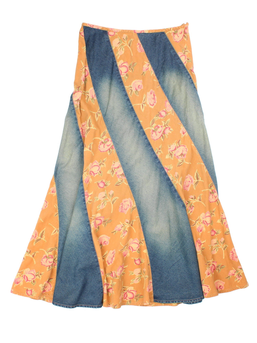 Vintage Y2K Cord Panel Maxi Skirt in a blue and orange colourway with floral cord panelling and zip/button side fastening.