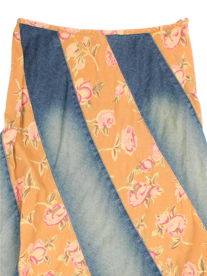 Vintage Y2K Cord Panel Maxi Skirt in a blue and orange colourway with floral cord panelling and zip/button side fastening.