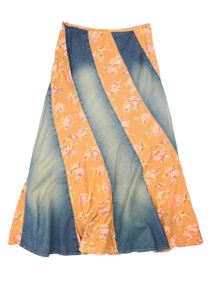 Vintage Y2K Cord Panel Maxi Skirt in a blue and orange colourway with floral cord panelling and zip/button side fastening.