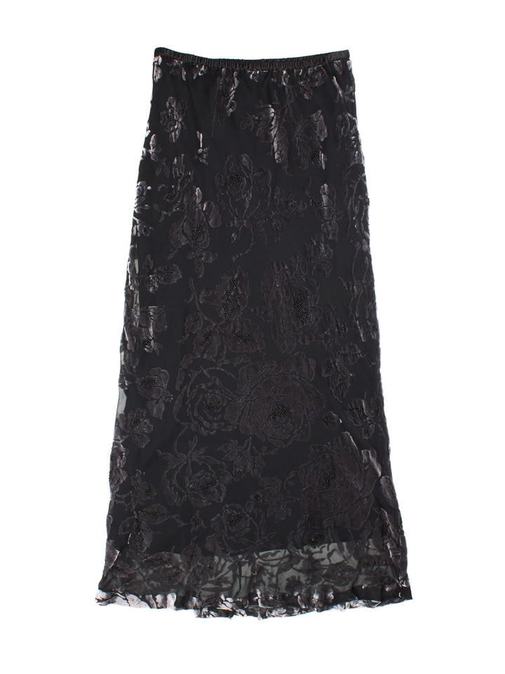 Vintage Y2K Beaded Maxi Skirt in black colourway with floral velvet detail, beading and elasticated waist.