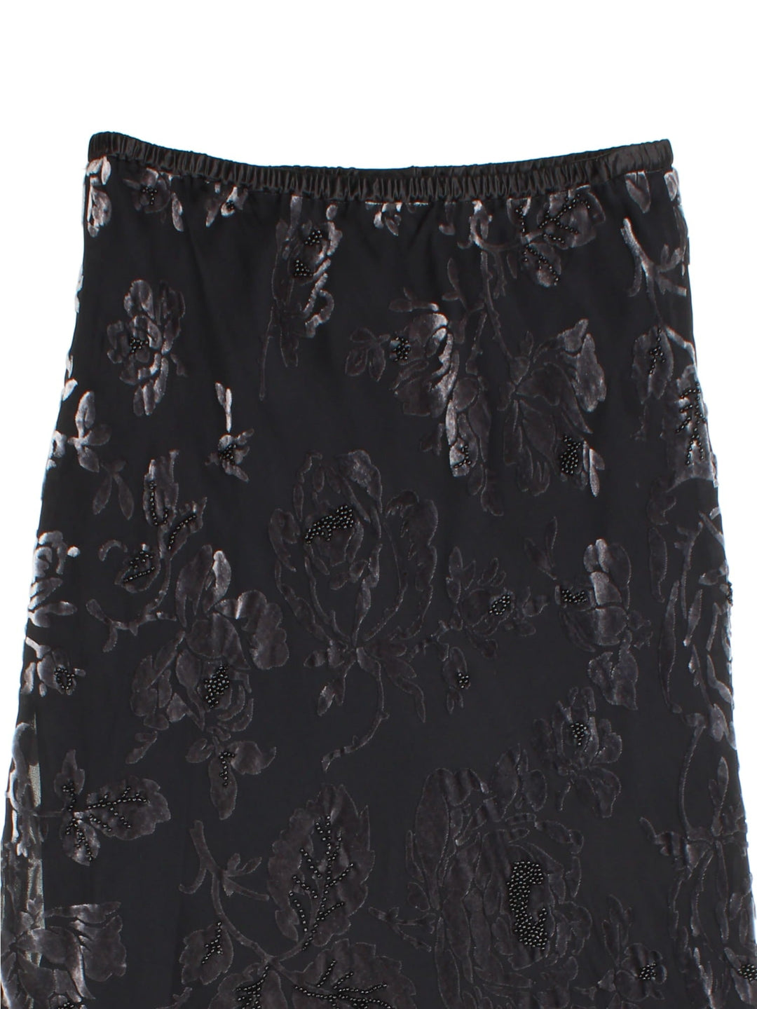 Vintage Y2K Beaded Maxi Skirt in black colourway with floral velvet detail, beading and elasticated waist.