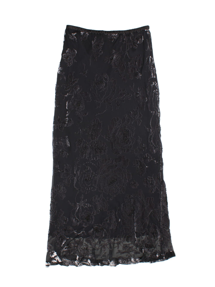 Vintage Y2K Beaded Maxi Skirt in black colourway with floral velvet detail, beading and elasticated waist.