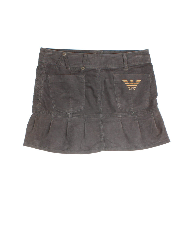 Y2K Armani Jeans Mini Skirt in a grey colourway with zip button fastening and embroidered branding on back pocket.