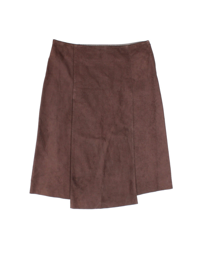 Vintage Y2K Suede Midi Skirt in brown colourway. Split front seem and side zip fastening