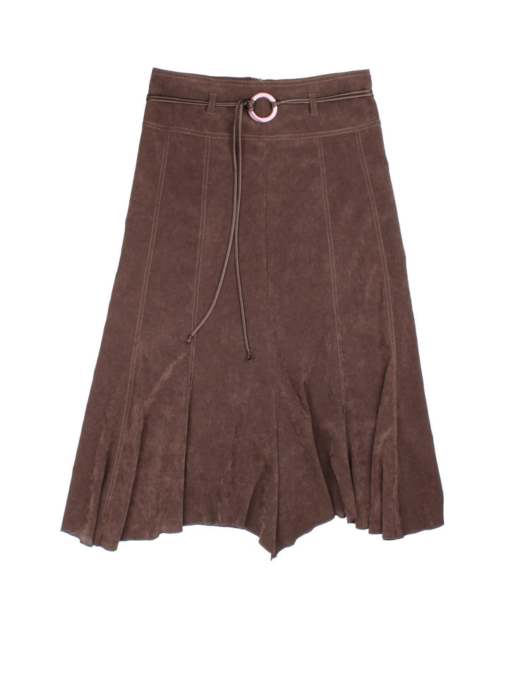 Vintage Y2K Belted Suede Midi Skirt in brown colourway. Ring belt and back zip fastening