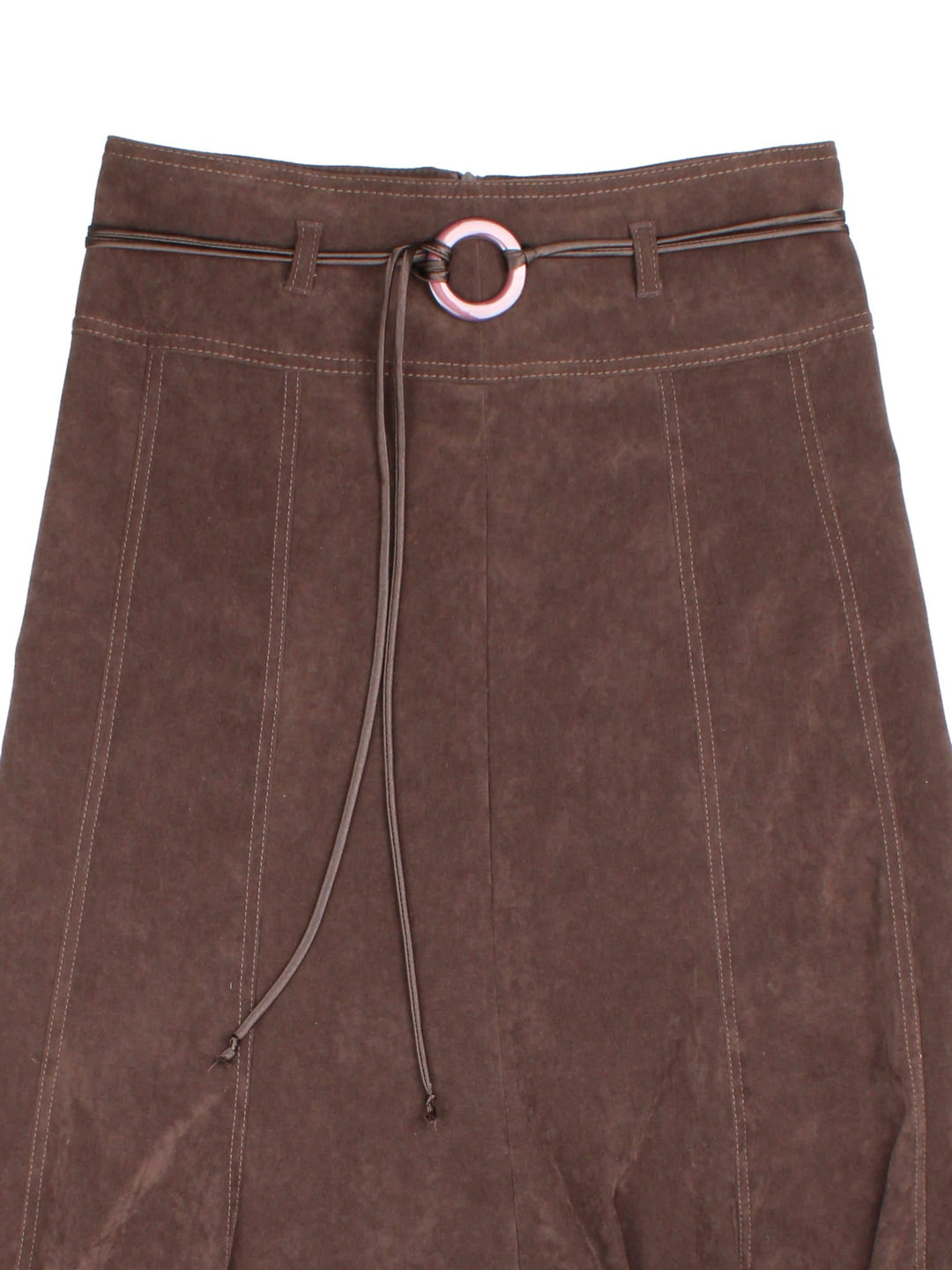 Vintage Y2K Belted Suede Midi Skirt in brown colourway. Ring belt and back zip fastening