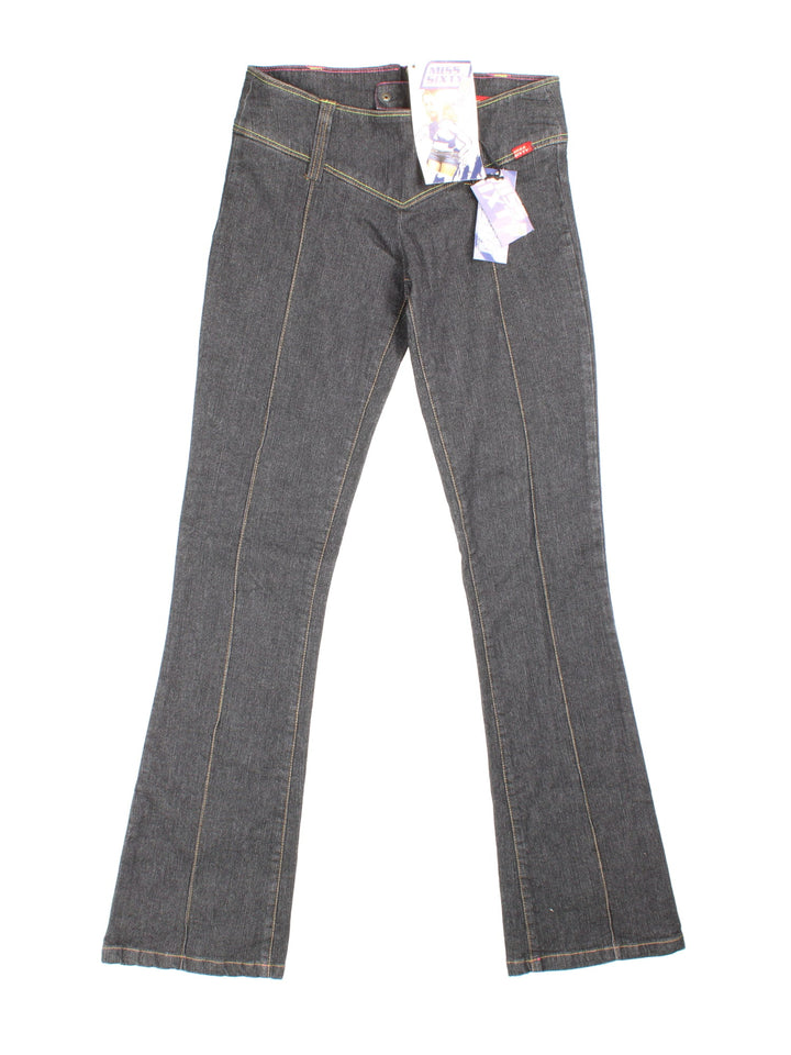 Y2K Miss Sixty Flared Jeans in blue colourway. Pink/yellow contrast stiching, zip back fastening and branding on left hip.