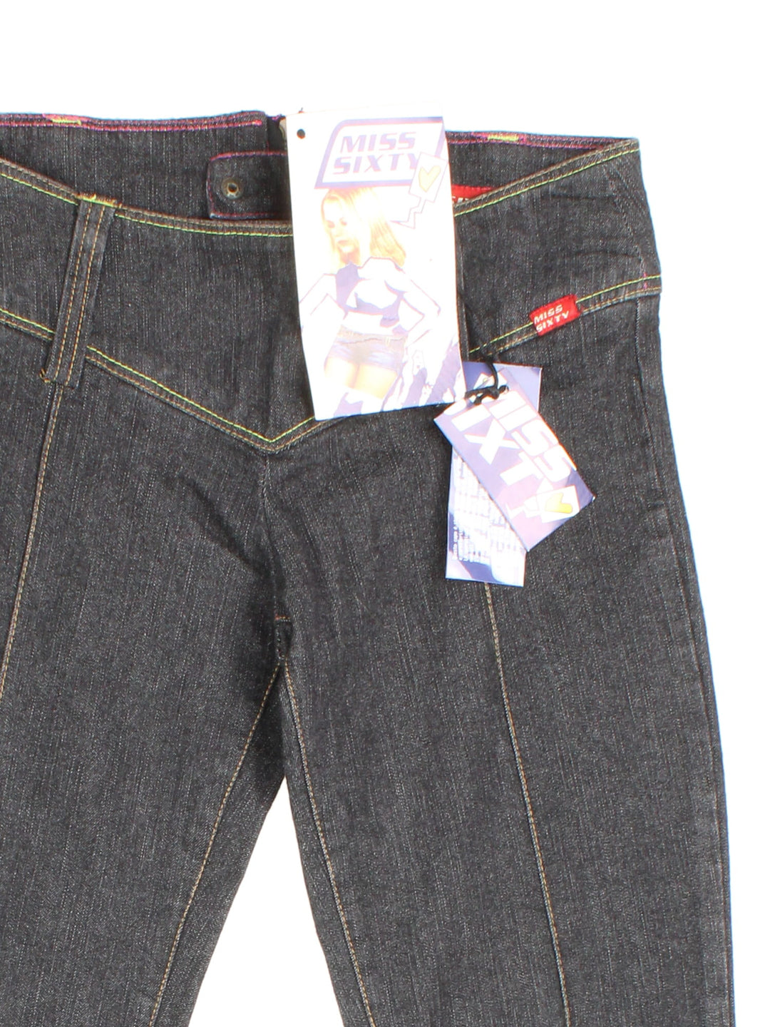 Y2K Miss Sixty Flared Jeans in blue colourway. Pink/yellow contrast stiching, zip back fastening and branding on left hip.