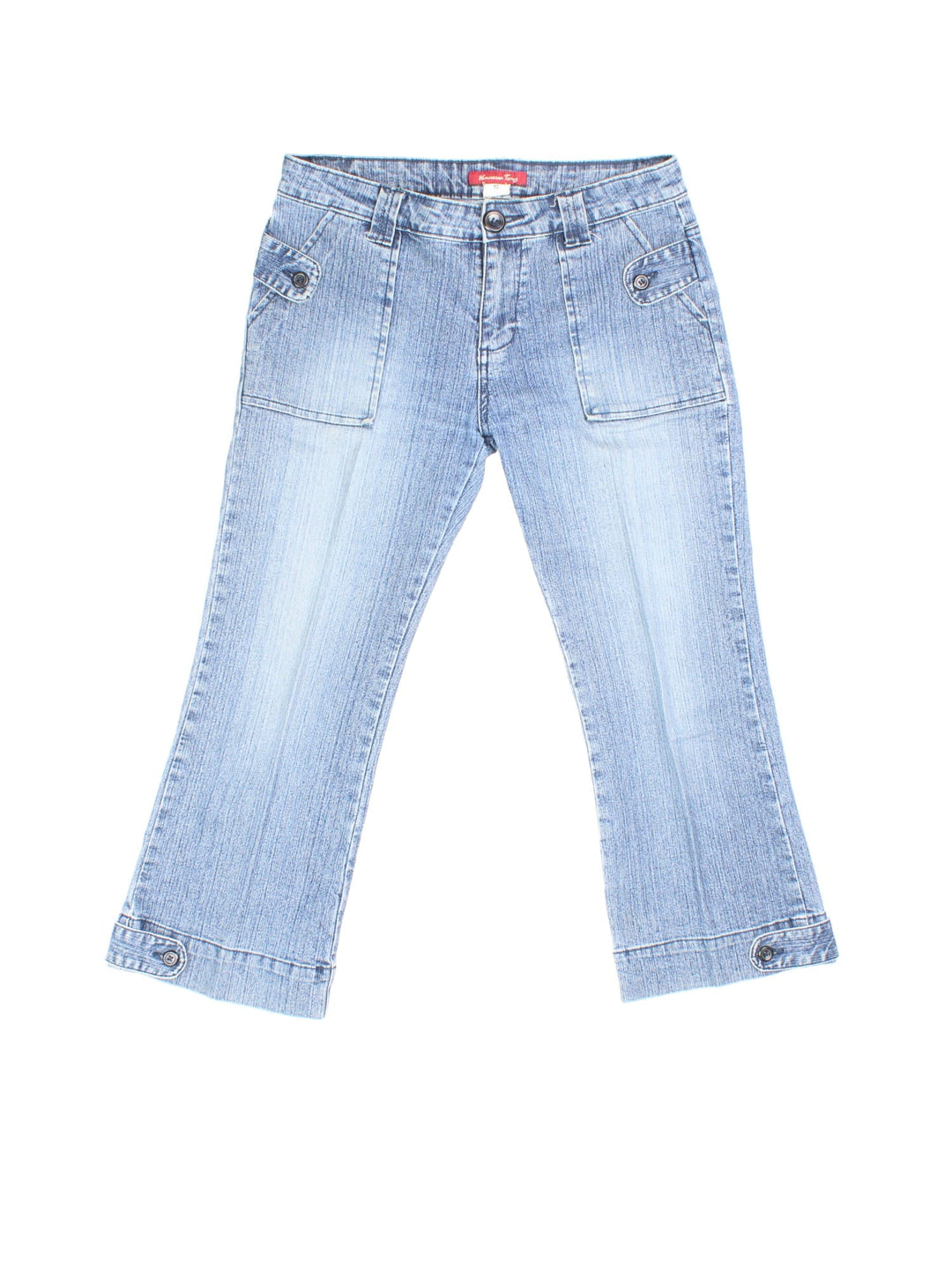 Y2K Crop Flare Jeans in blue colourway. Zip/button fastening and button detail pockets.