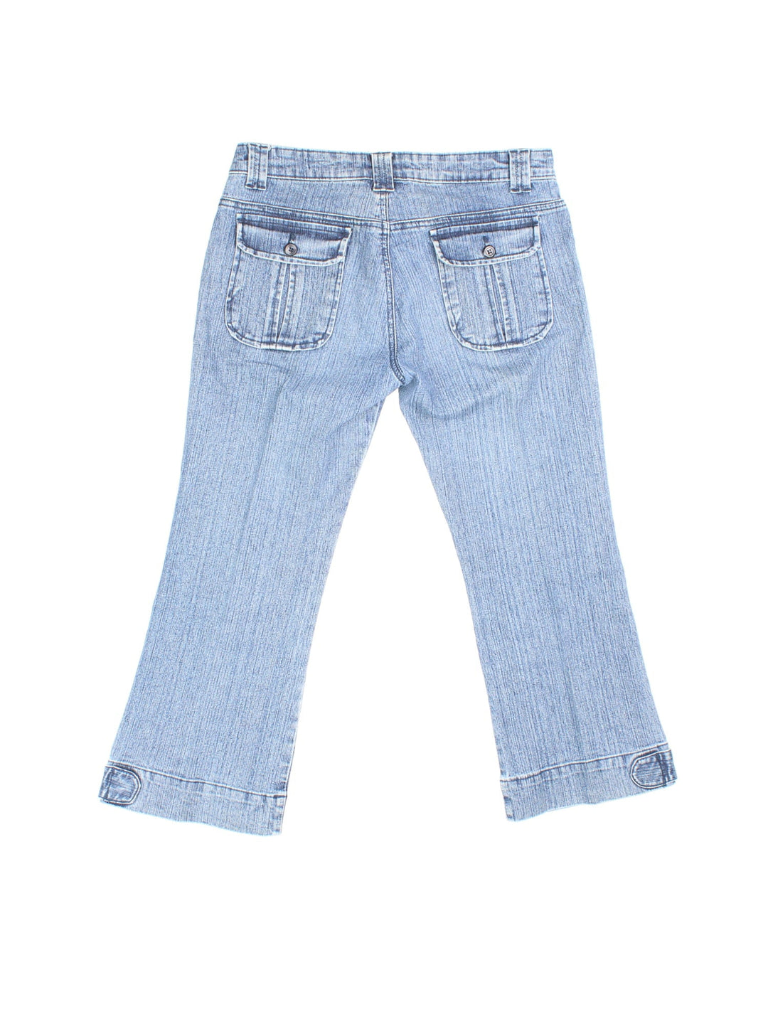 Y2K Crop Flare Jeans in blue colourway. Zip/button fastening and button detail pockets.