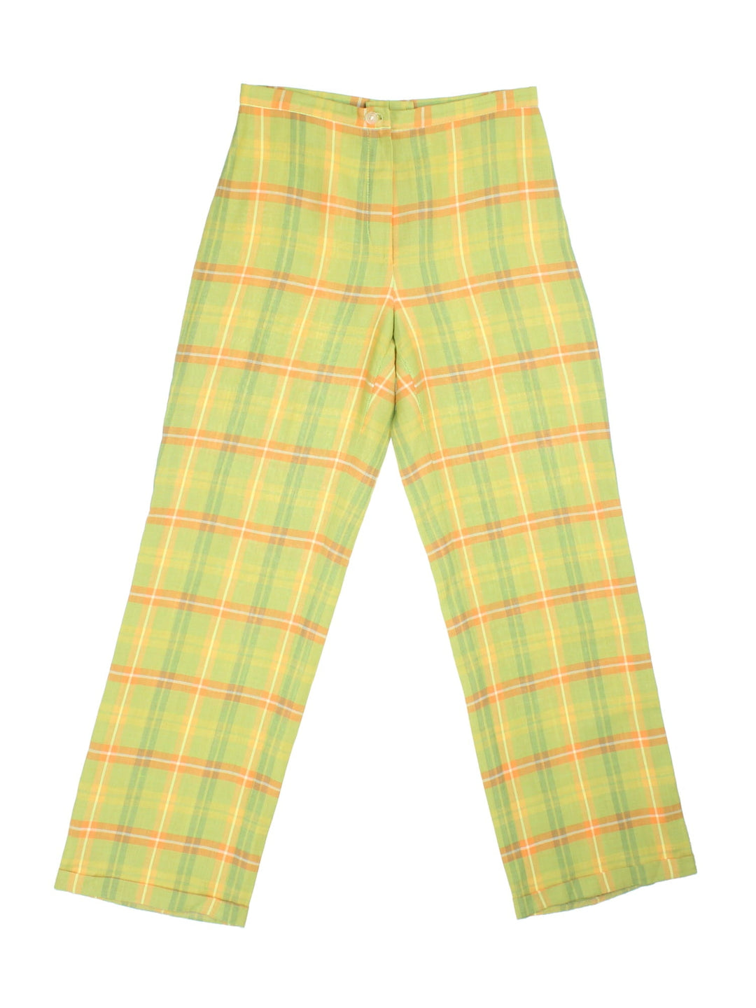 Vintage Y2K Checked Trousers in green/yellow colourway. Zip/button fly fastening and turn up hem.