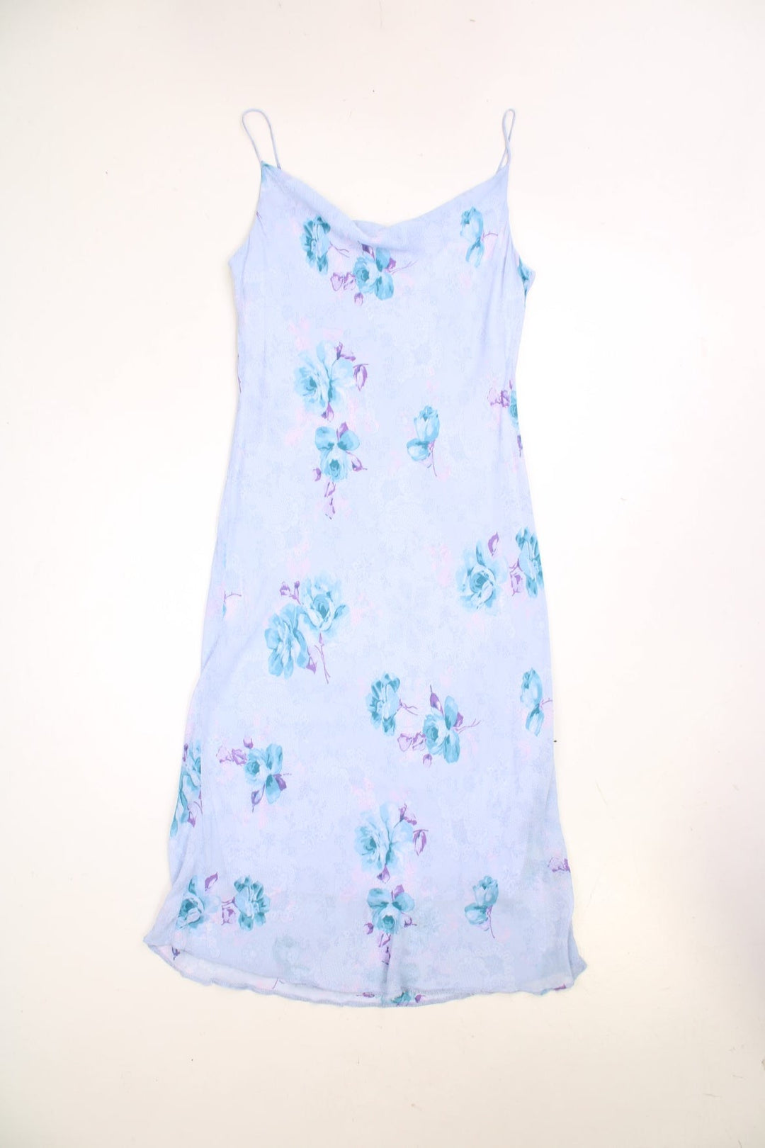 Y2K New Look cowl neck maxi slip dress with a blue and purple floral pattern throughout and spaghetti straps.