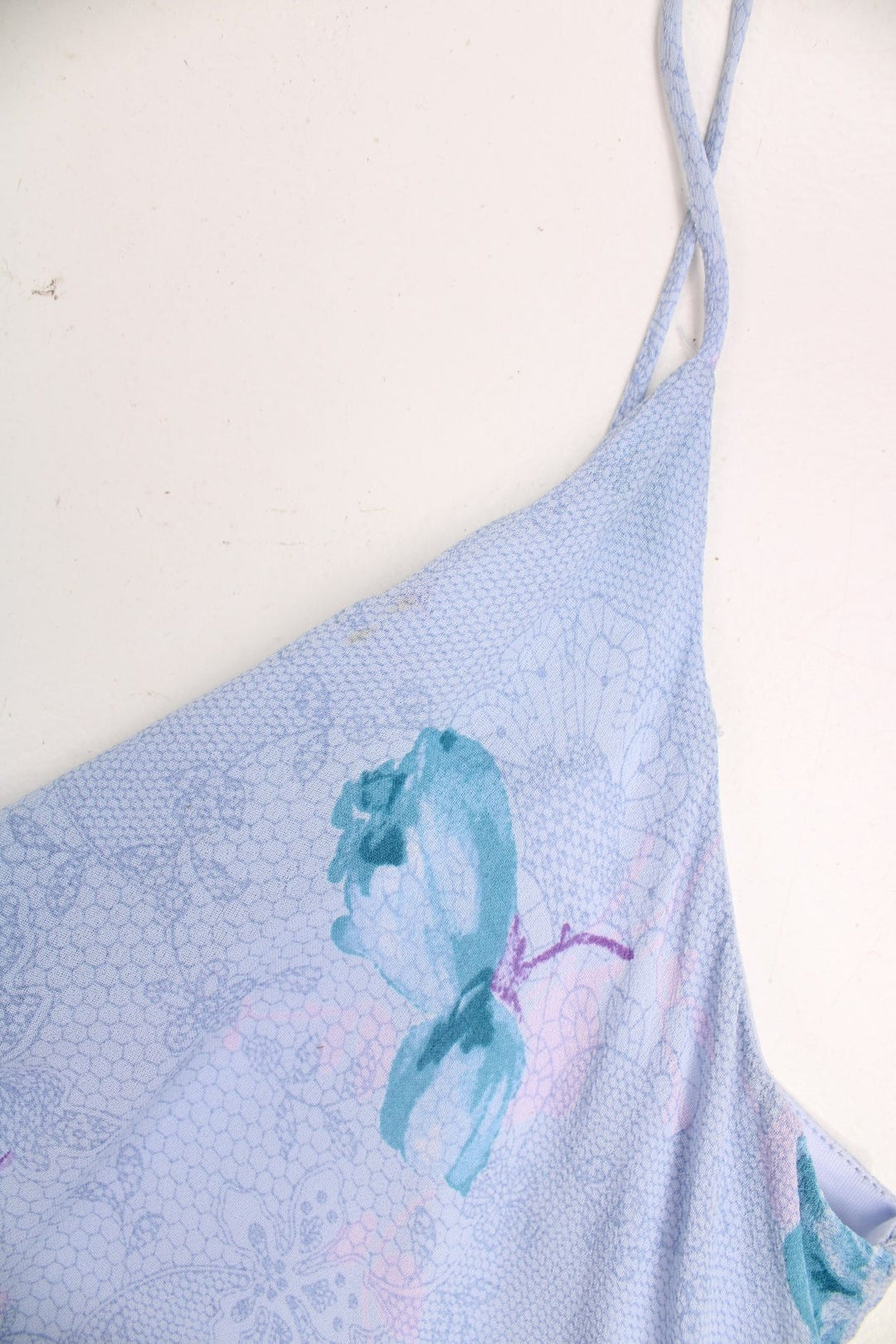 Y2K New Look cowl neck maxi slip dress with a blue and purple floral pattern throughout and spaghetti straps.