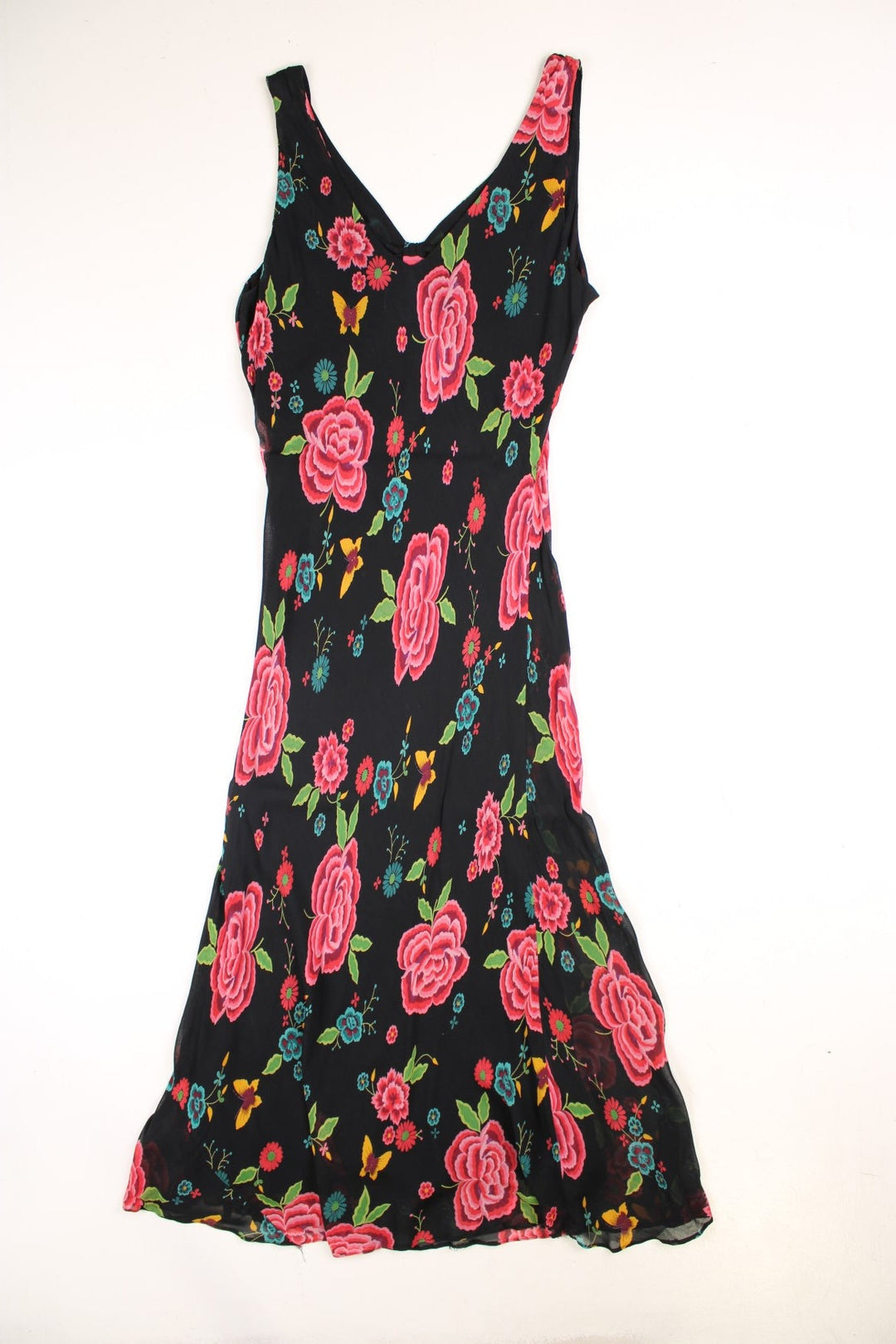 Y2K East floral print maxi dress in black with ruched bust.