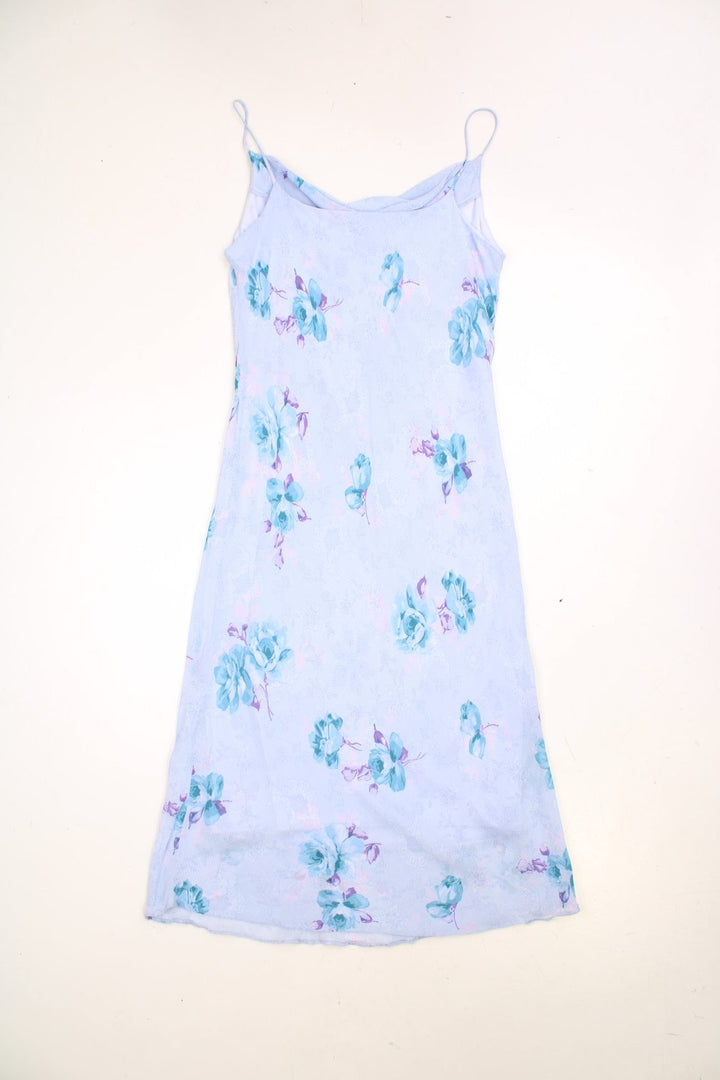 Y2K New Look cowl neck maxi slip dress with a blue and purple floral pattern throughout and spaghetti straps.