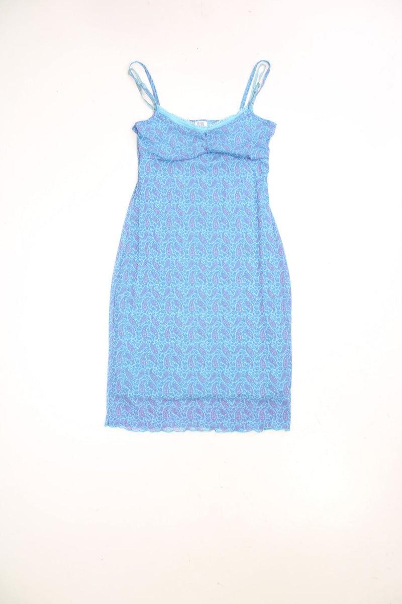 Y2K BAY blue and purple midi dress with a floral and paisley pattern, adjustable straps, a lettuce hem, and a ruched bust. 