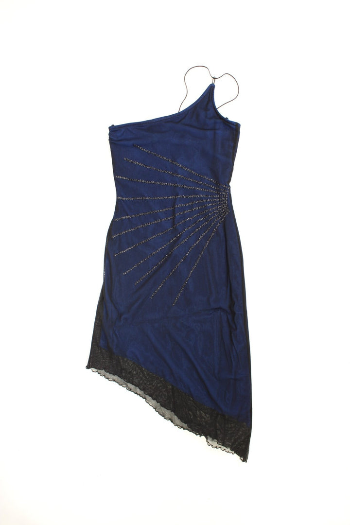 Y2K New Look dress in blue with a sheer black outer layer, a strappy asymmetrical neckline and hem, and black bead detailing.