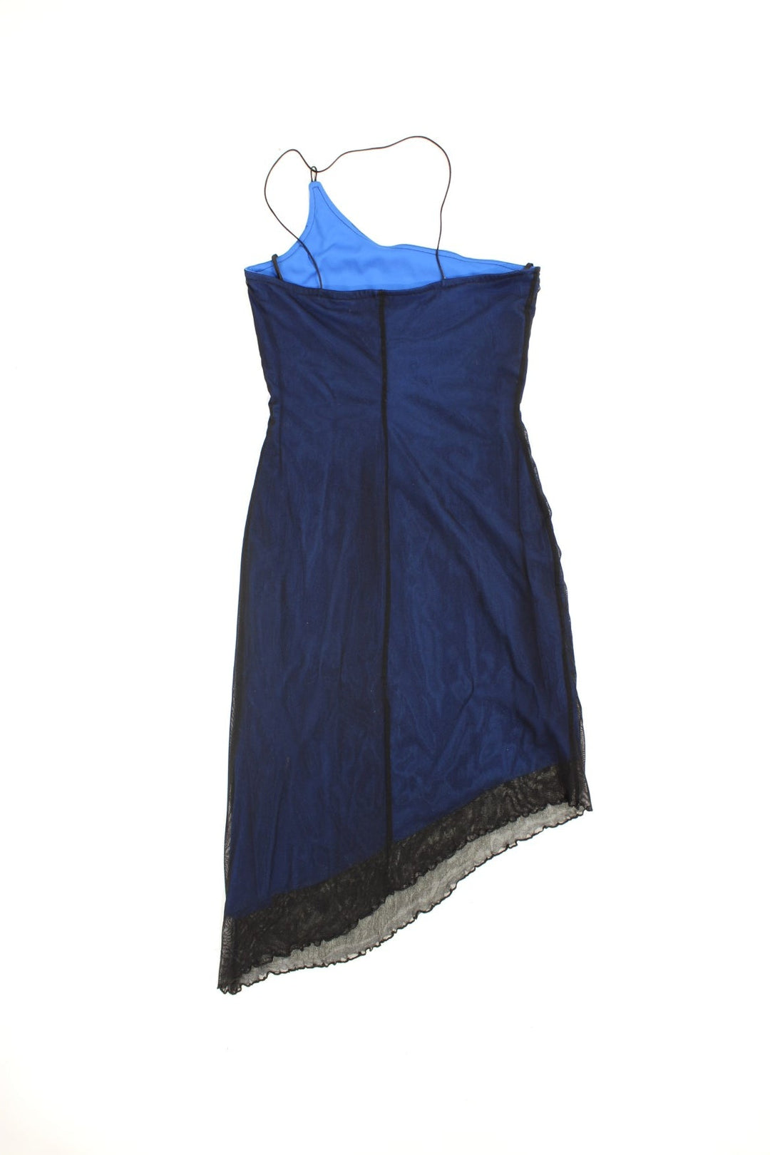 Y2K New Look dress in blue with a sheer black outer layer, a strappy asymmetrical neckline and hem, and black bead detailing.