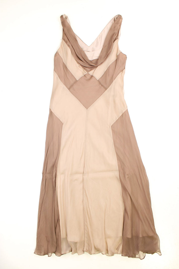 Y2K cowl neck silk maxi dress in tan and brown contrasting panels by Phase Eight.