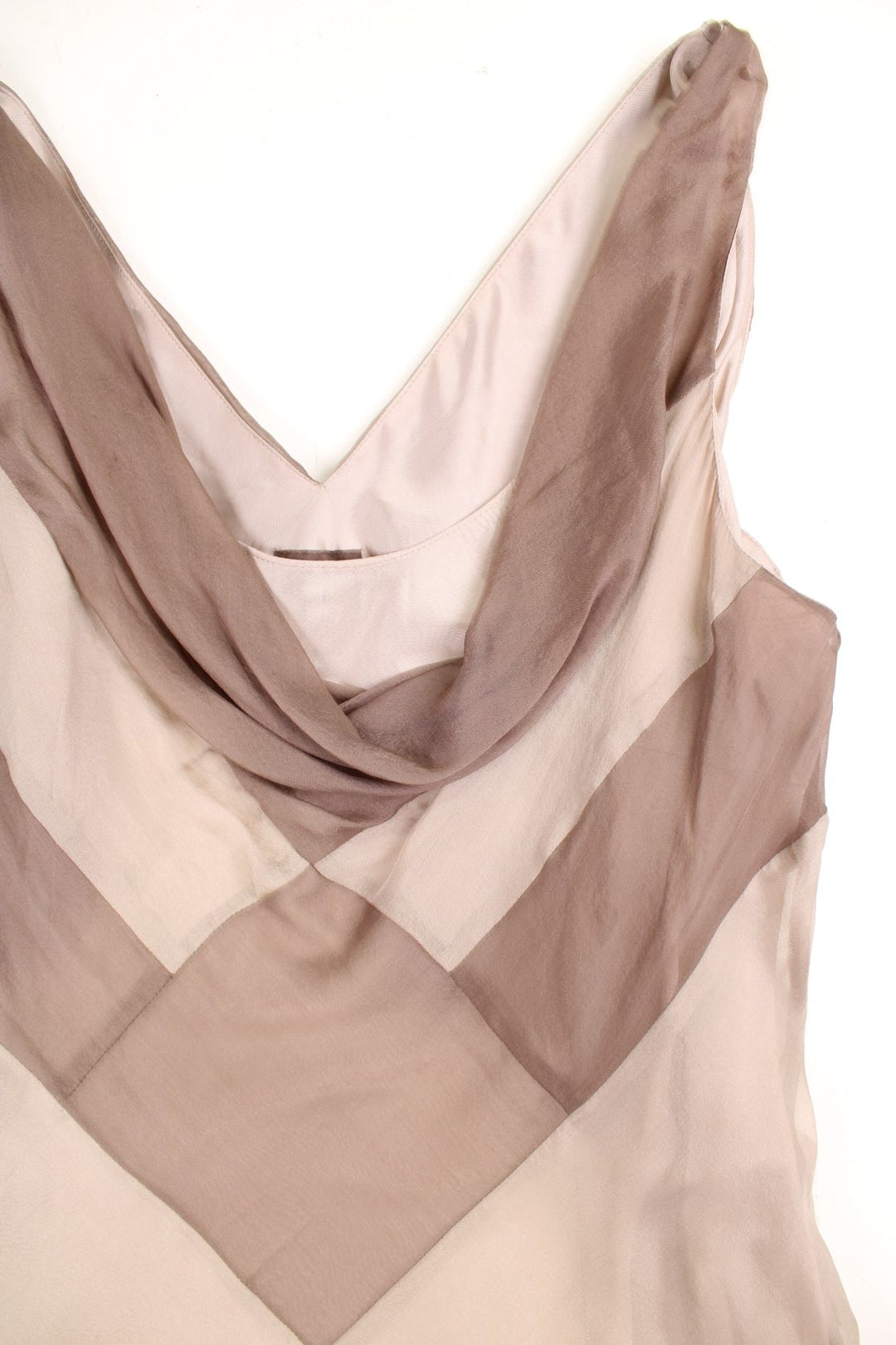 Y2K cowl neck silk maxi dress in tan and brown contrasting panels by Phase Eight.