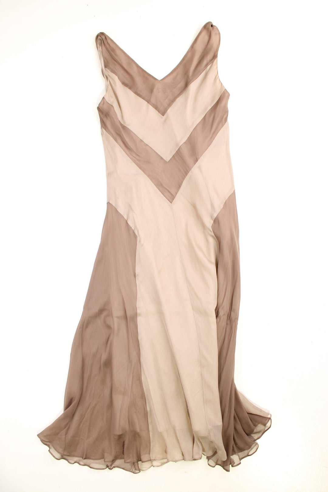 Y2K cowl neck silk maxi dress in tan and brown contrasting panels by Phase Eight.