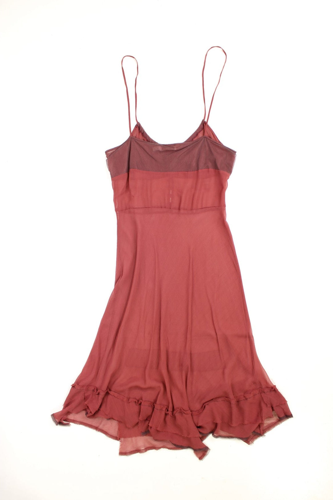 Y2K sheer strappy slip dress in red with buttons, adjustable straps, and a distressed ruffled hem .