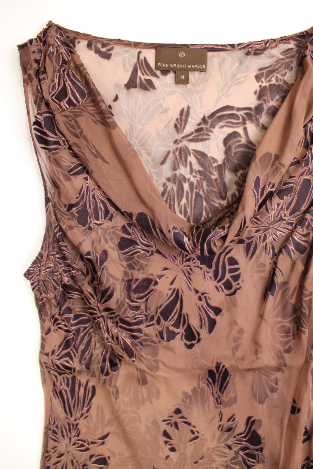 Y2K Fenn Wright Manson sheer floral cowl neck dress in brown.