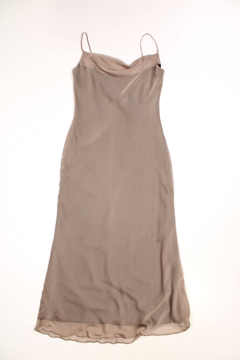 Y2K brown/bronze silk-effect maxi dress with a cowl neck, thin straps and a low ruched back. 