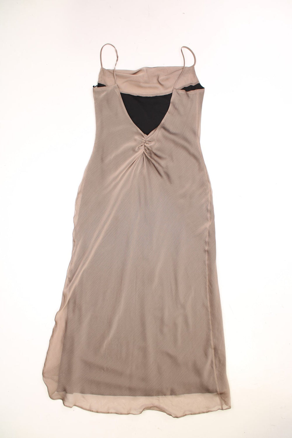 Y2K brown/bronze silk-effect maxi dress with a cowl neck, thin straps and a low ruched back. 