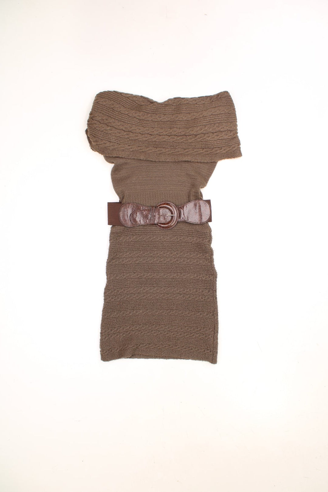 Y2K Karen Norman fold-over knit jumper dress in brown with an attached belt. 