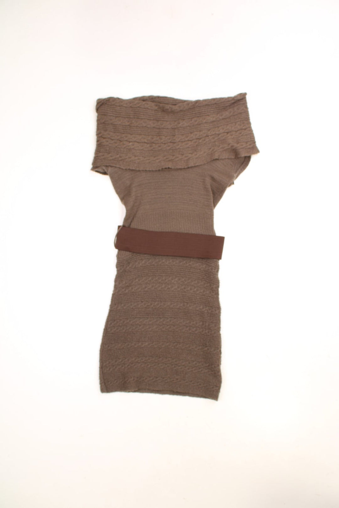 Y2K Karen Norman fold-over knit jumper dress in brown with an attached belt. 