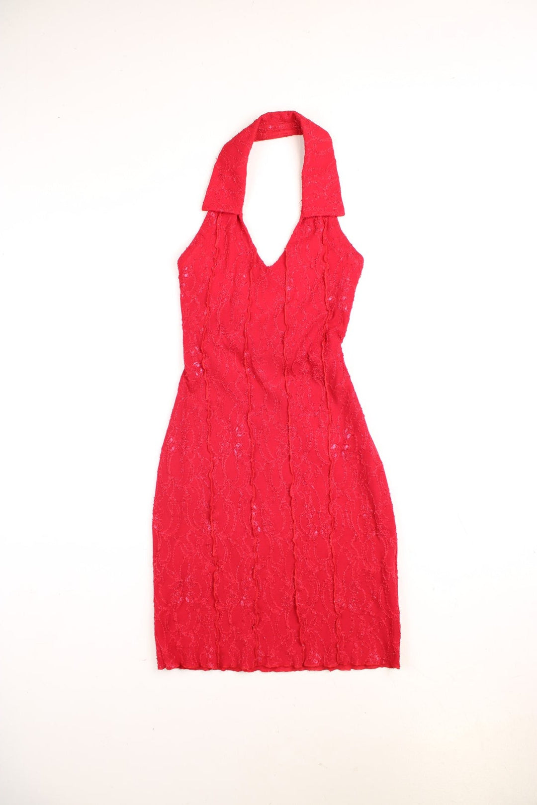 Y2K sparkly collared mini dress in red with a tie-up back by Frodo.