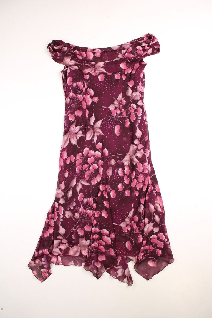 Y2K M&CO midi dress in purple with a pink floral design, pink glitter embellishments, a cowl neck and back, and a floaty hem.