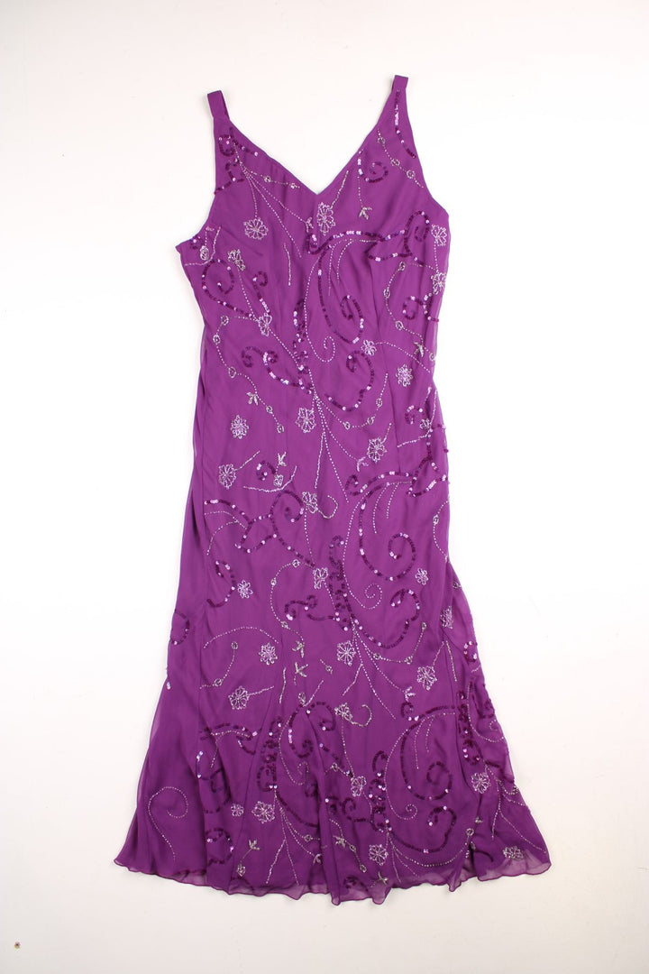 Y2K Berkertex beaded maxi dress in purple with swirls of sequins and floral designs.