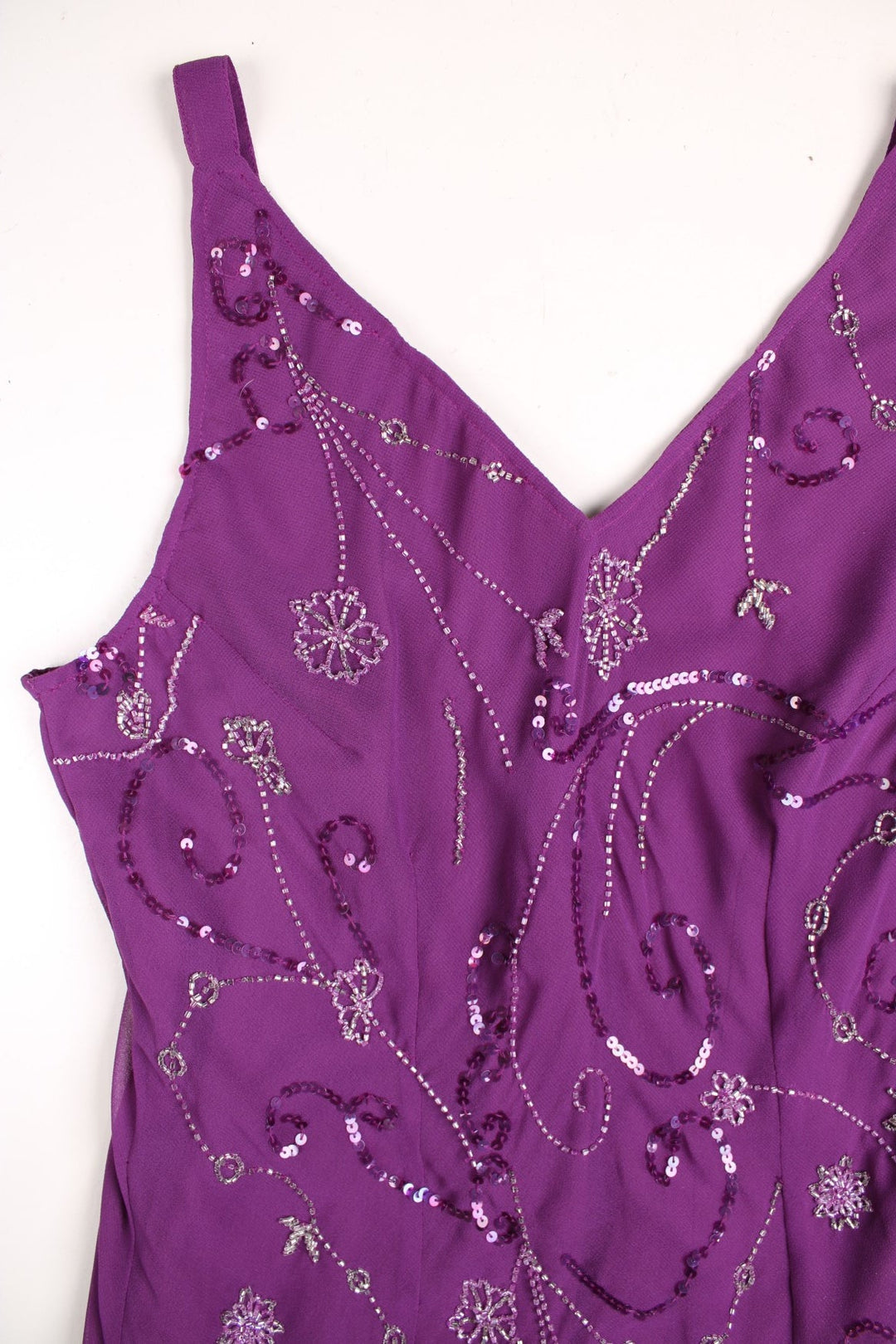 Y2K Berkertex beaded maxi dress in purple with swirls of sequins and floral designs.