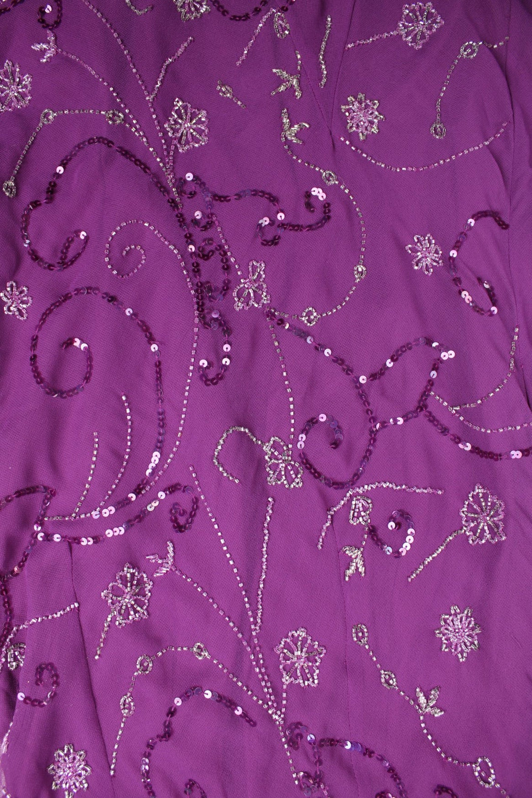 Y2K Berkertex beaded maxi dress in purple with swirls of sequins and floral designs.