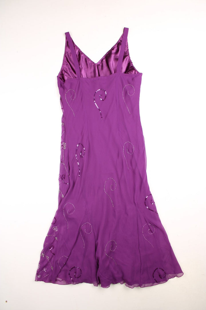 Y2K Berkertex beaded maxi dress in purple with swirls of sequins and floral designs.