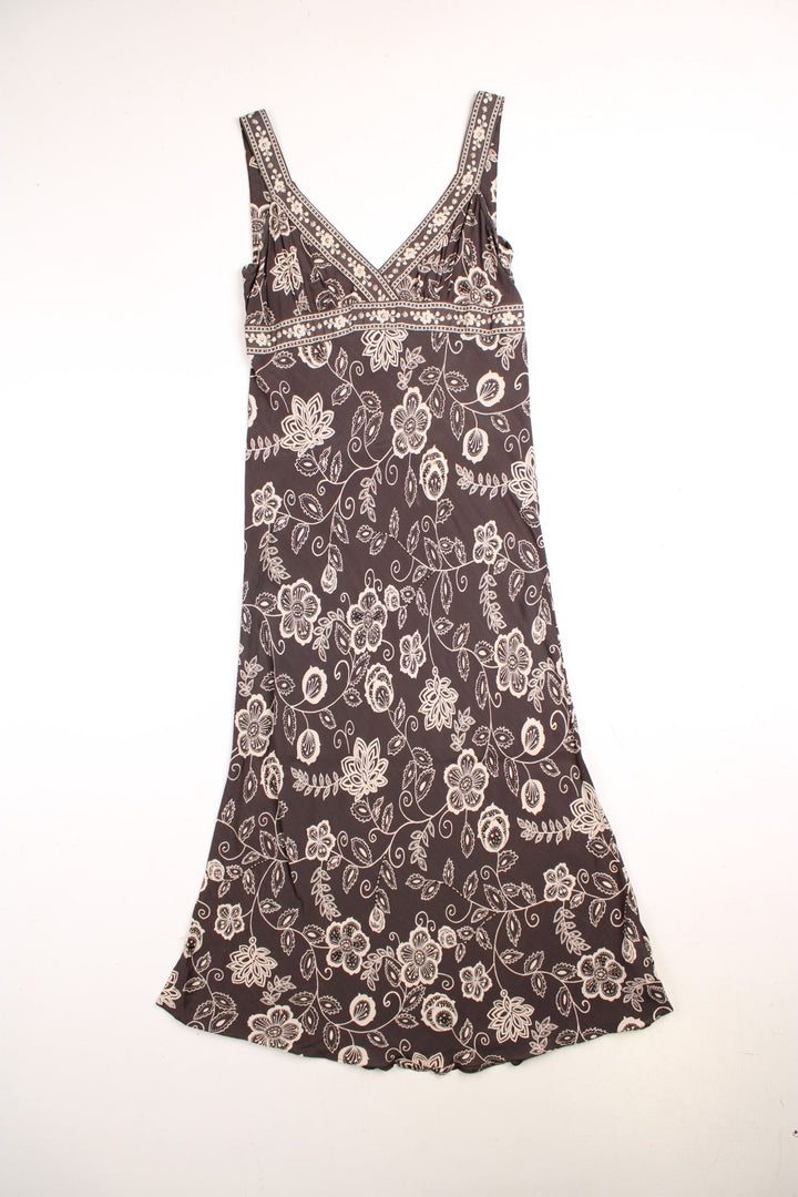 Y2K Camaïeu v-neck maxi dress in dark grey with a white floral design and sequin embellishment.