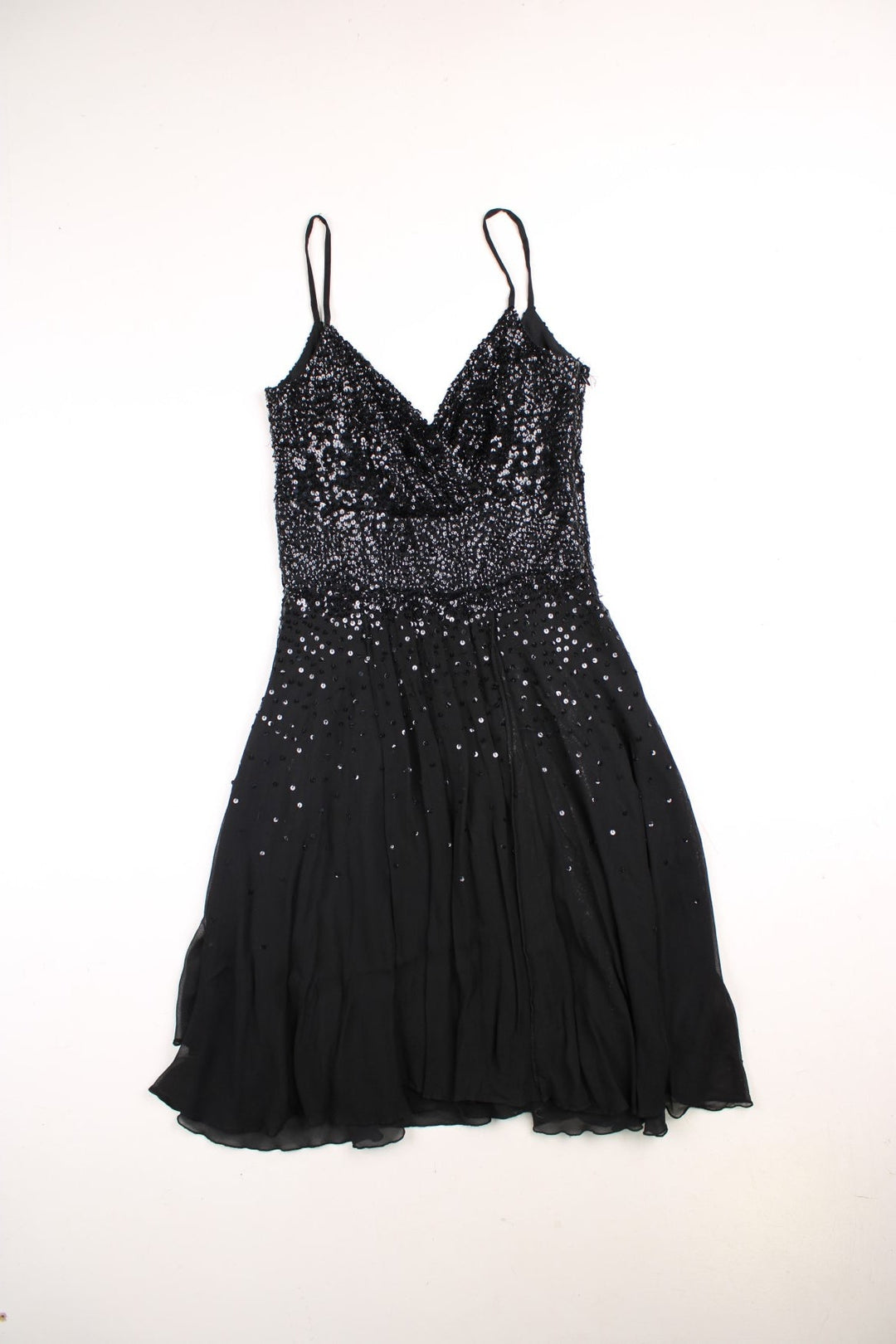 Y2K Monsoon strappy midi dress in black with a sequined bodice, floaty a-line skirt, and side zip closure.