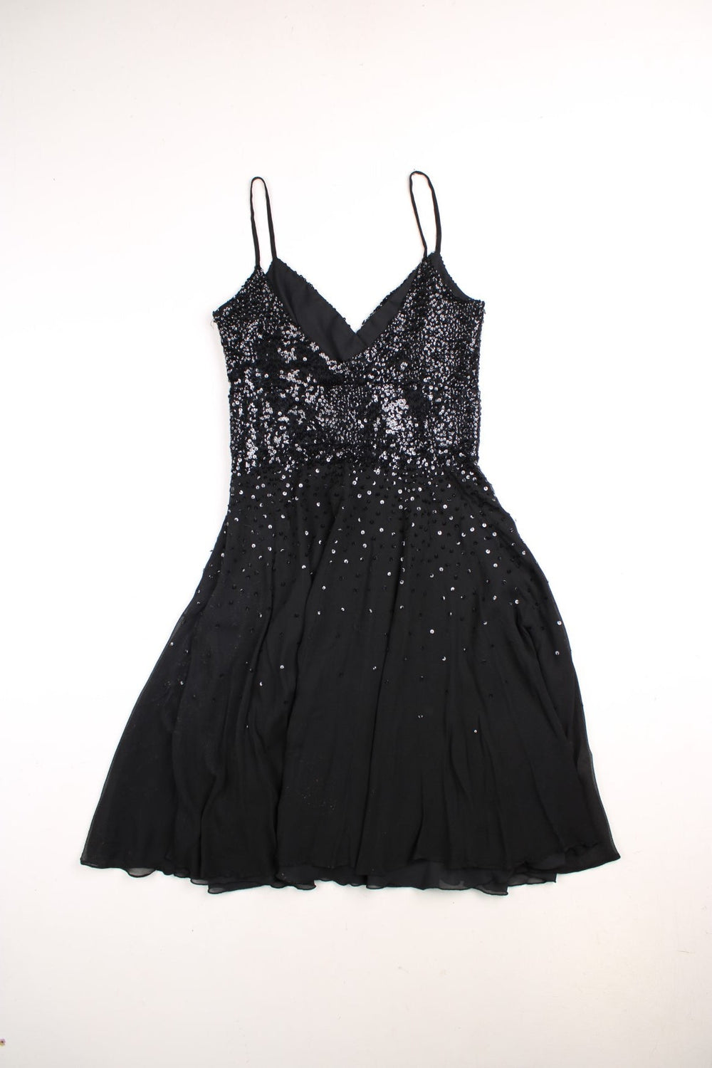 Y2K Monsoon strappy midi dress in black with a sequined bodice, floaty a-line skirt, and side zip closure.