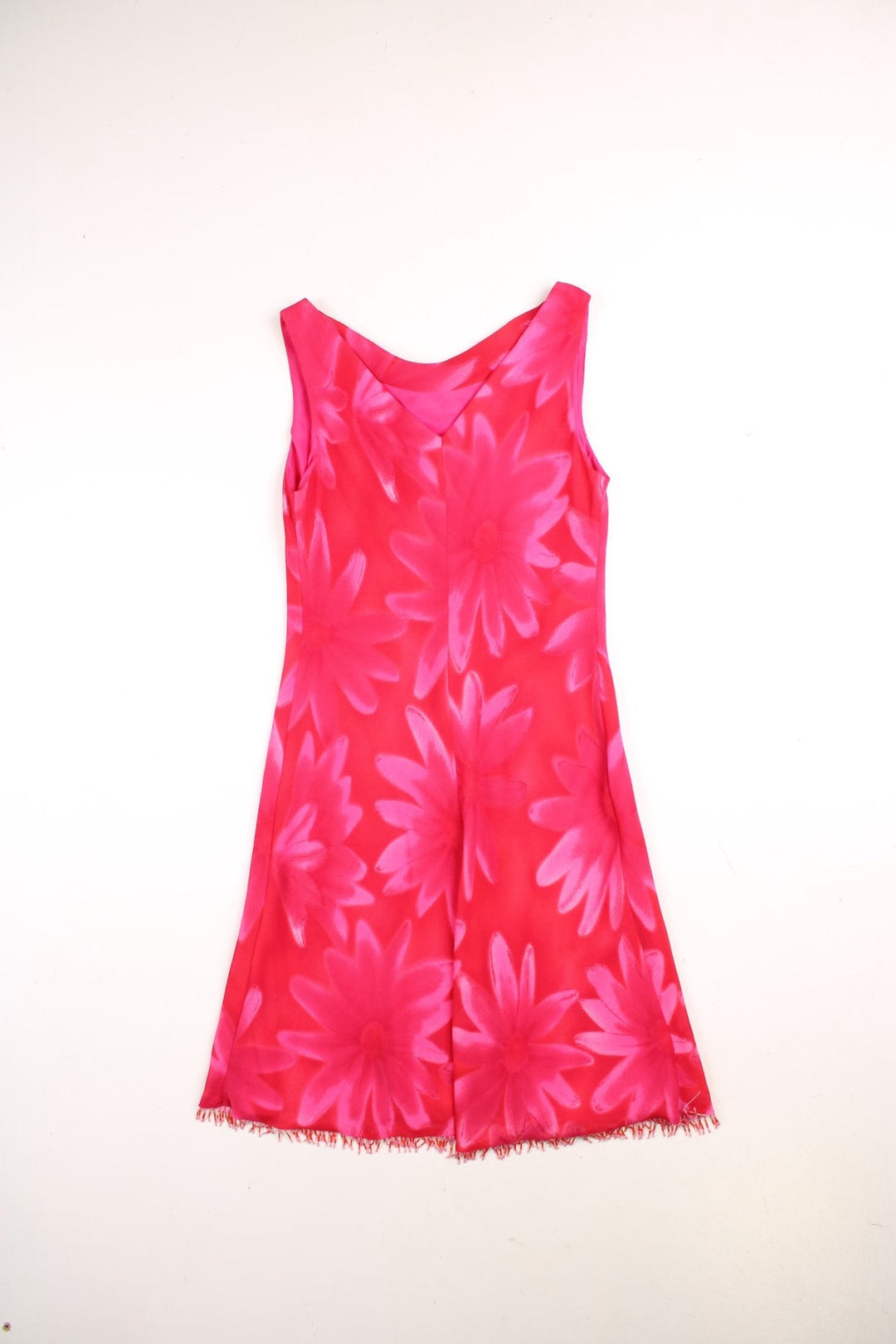 Y2K Donna Ricco New York cowl neck midi dress in red with large pink floral pattern and a beaded tassel hem.