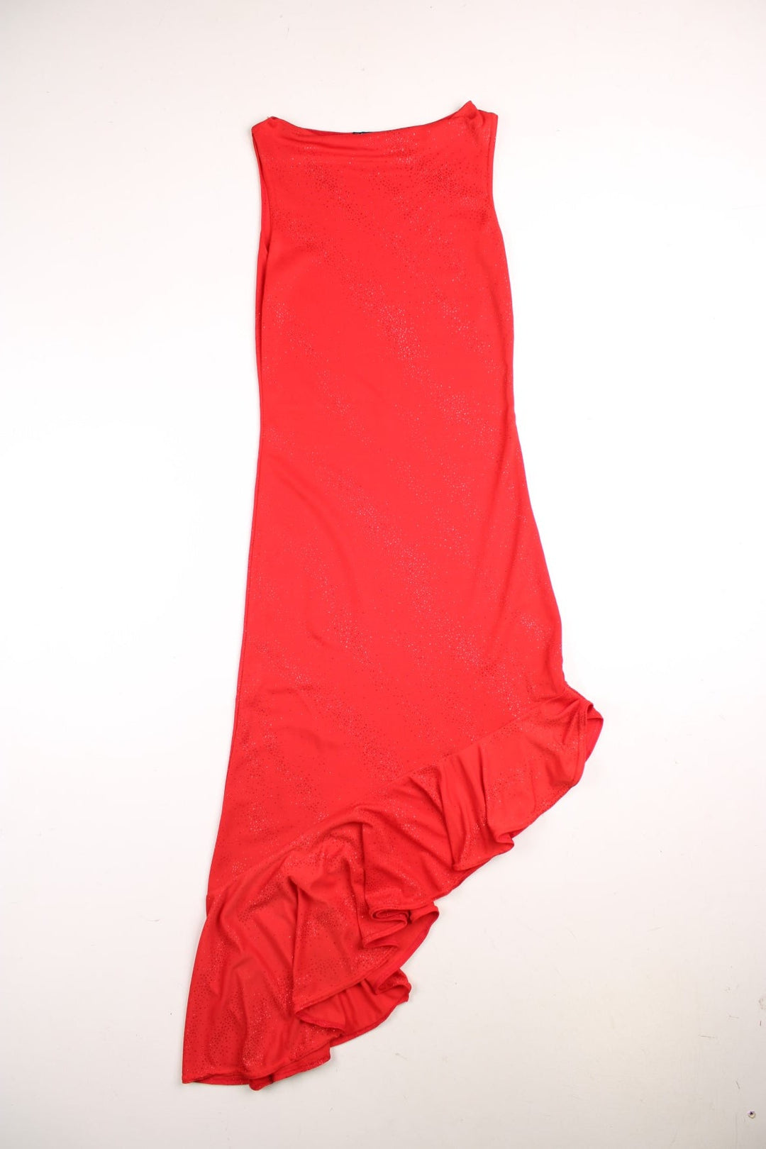 Y2K glittery cowl neck dress in red with an asymmetrical ruffled hem.