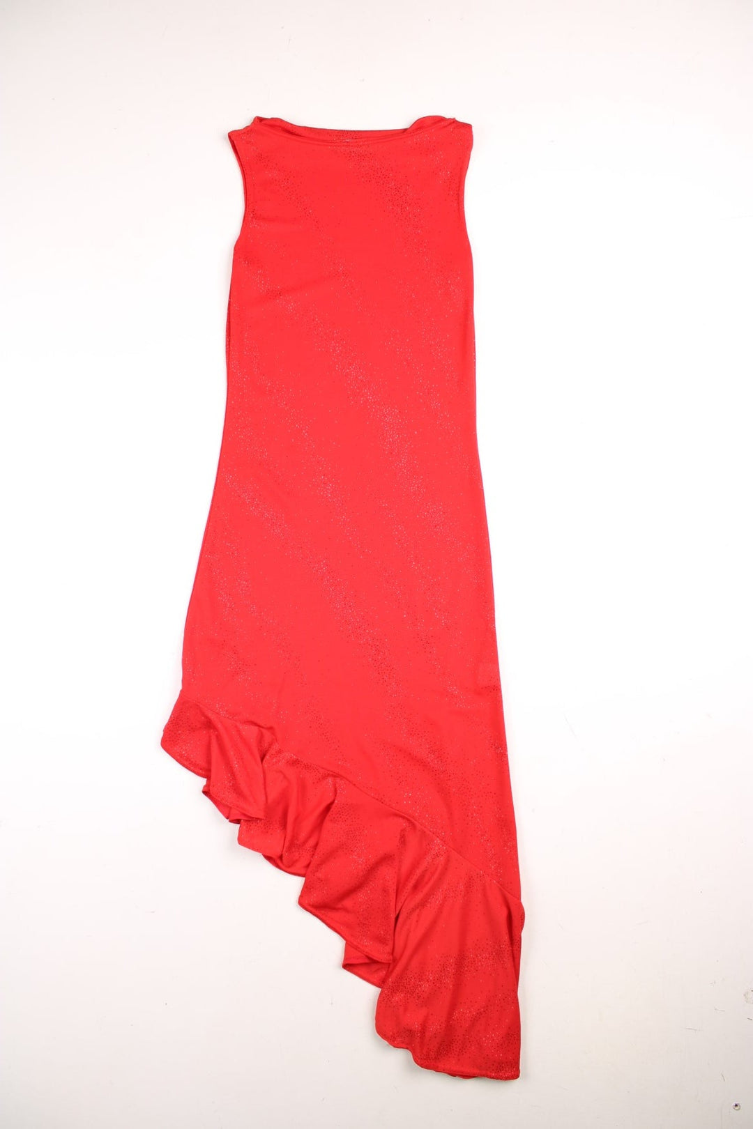 Y2K glittery cowl neck dress in red with an asymmetrical ruffled hem.