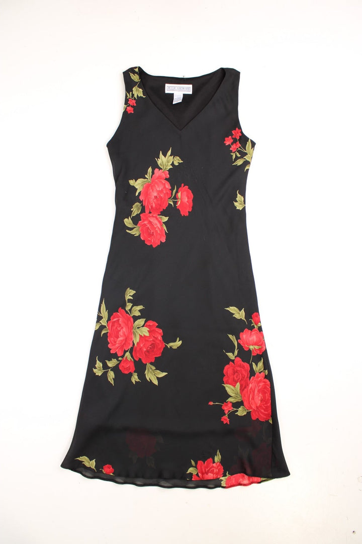 Y2K Jessica Howard midi dress in black with a large red floral pattern.