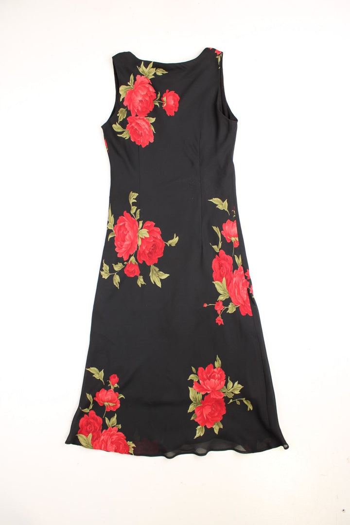 Y2K Jessica Howard midi dress in black with a large red floral pattern.