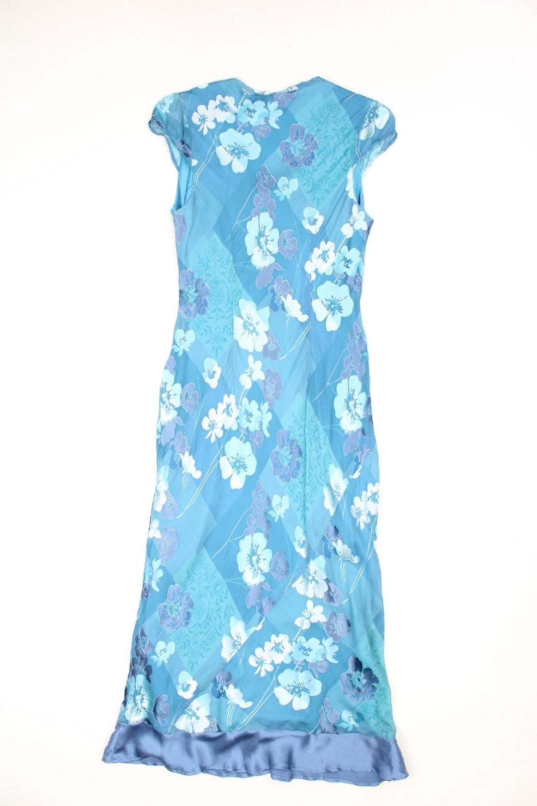 Y2K capped sleeve, floral silk and mesh midi dress in turquoise blue. Features ruffle silk hem and tie on the chest.