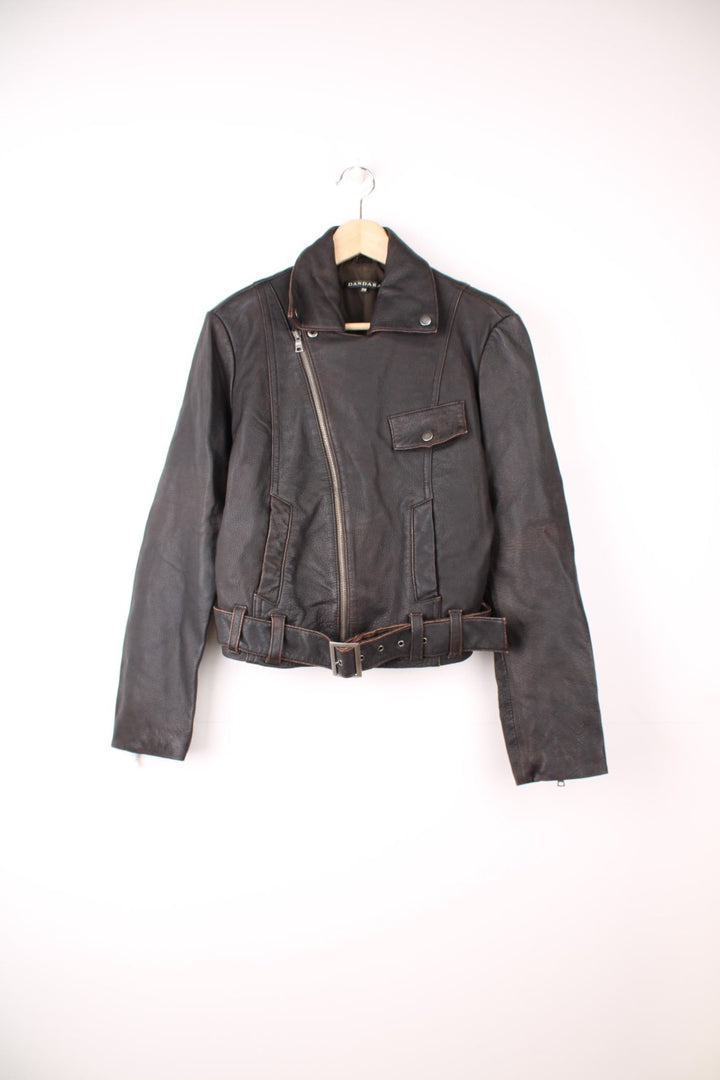 Y2K dark brown leather biker style jacket, zip-through with two side pockets. 