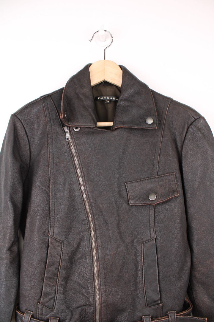 Y2K dark brown leather biker style jacket, zip-through with two side pockets. 