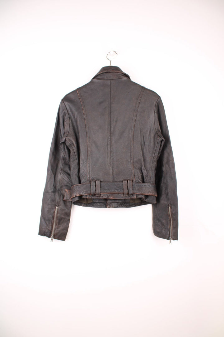 Y2K dark brown leather biker style jacket, zip-through with two side pockets. 