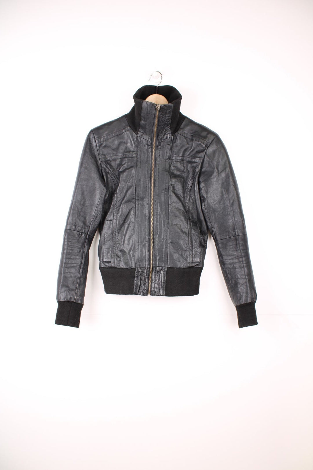 Y2K zip-through leather jacket with two side pockets. 